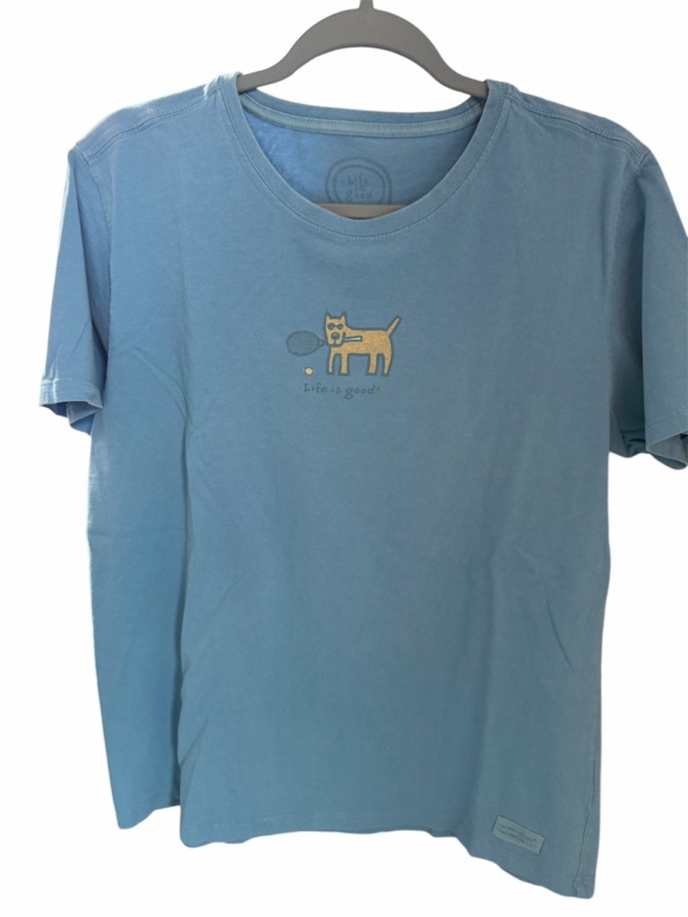 Life Is Good Dusty Blue Short Sleeve Tee with Dog & tennis racket Graphic